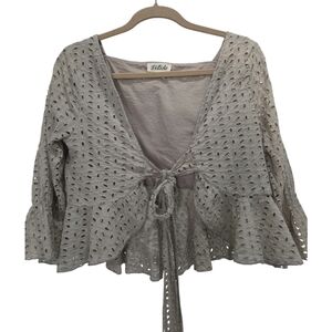 Listicle Womans Eyelet Lace Tie Front Crop Top, Large